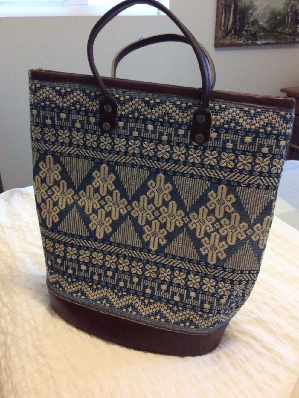 Vintage Scandinavian Bucket Tote, Leather w Blue/Cream/Silver Embroidery